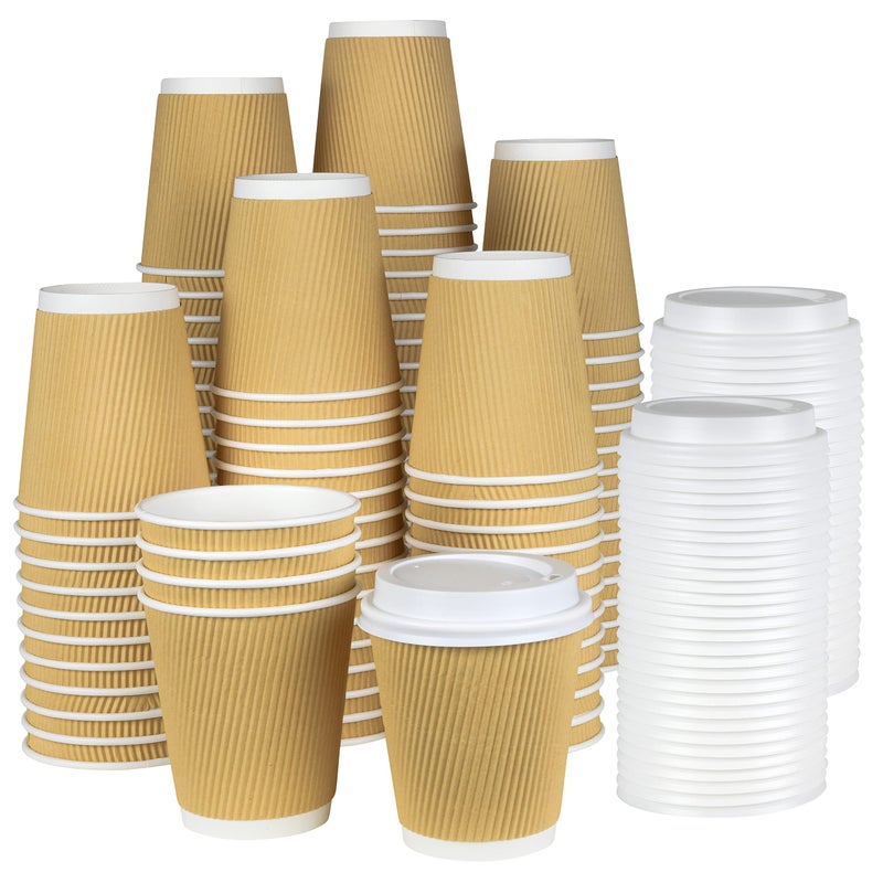 NYHI 100 8 oz Ripple Kraft Paper Cups Brown Hot Cold with Lids 3 Layer Rippled Small Insulated Disposable Coffee Cups for Cappuccino Hot Cocoa or Iced Drinks - Image 1